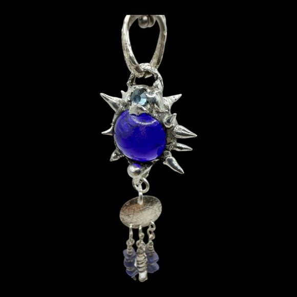 Artisan-Crafted Flail Pendant W/ Vintage Cobalt Glass Marble Quartz Lapis Lazuli - Picture 7 of 15